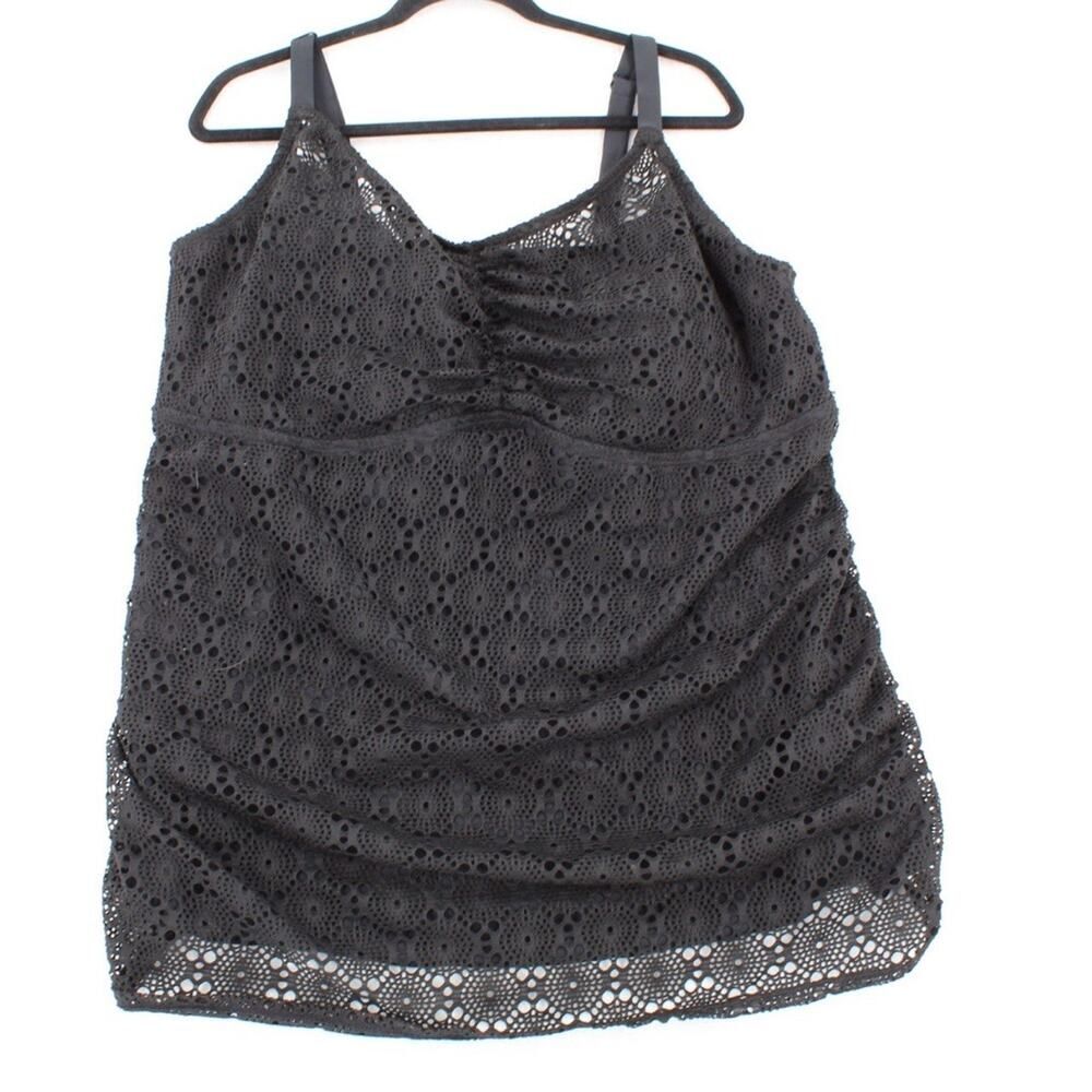 Ava & Viv Black Eyelet Tankini Top Women’s 24W Plus Size Swim Top Ruched Stretch